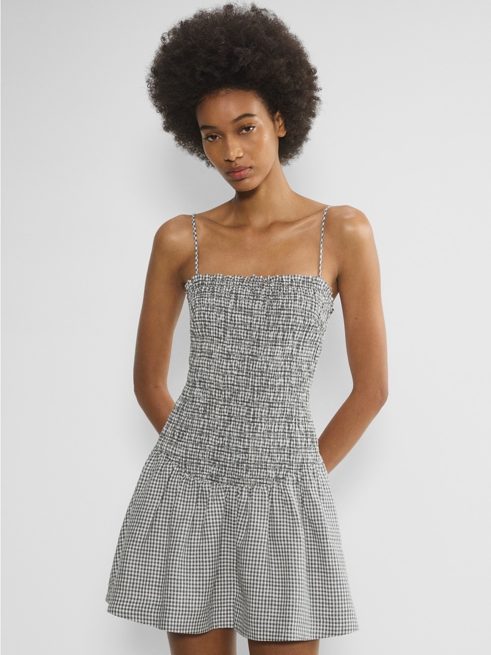 Aritzia Wilfred Corinne Linen Gingham Plaid Smocked Mini Dress Navy White L NEW
